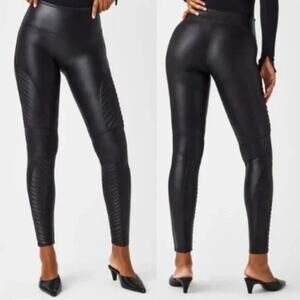 Spanx High-Waisted Moto Black Faux Leather Leggings Ribbed Detailing Small